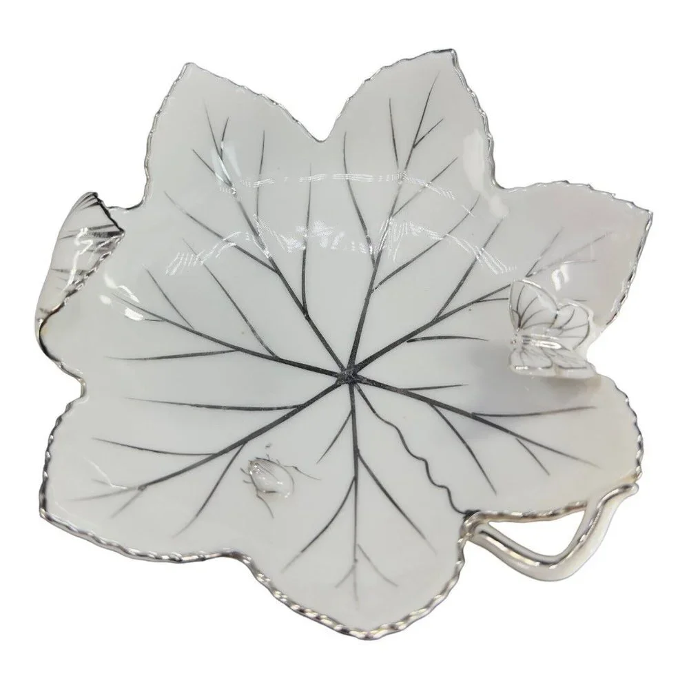 Andrea By Sadek Hand Painted Leaf Dish‎ Bowl Silver Overlay Butterfly And A Bug